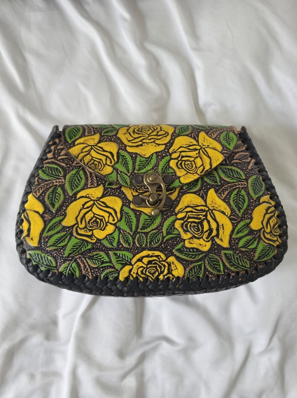 Handcrafted Yellow Rose Leather Crossbody